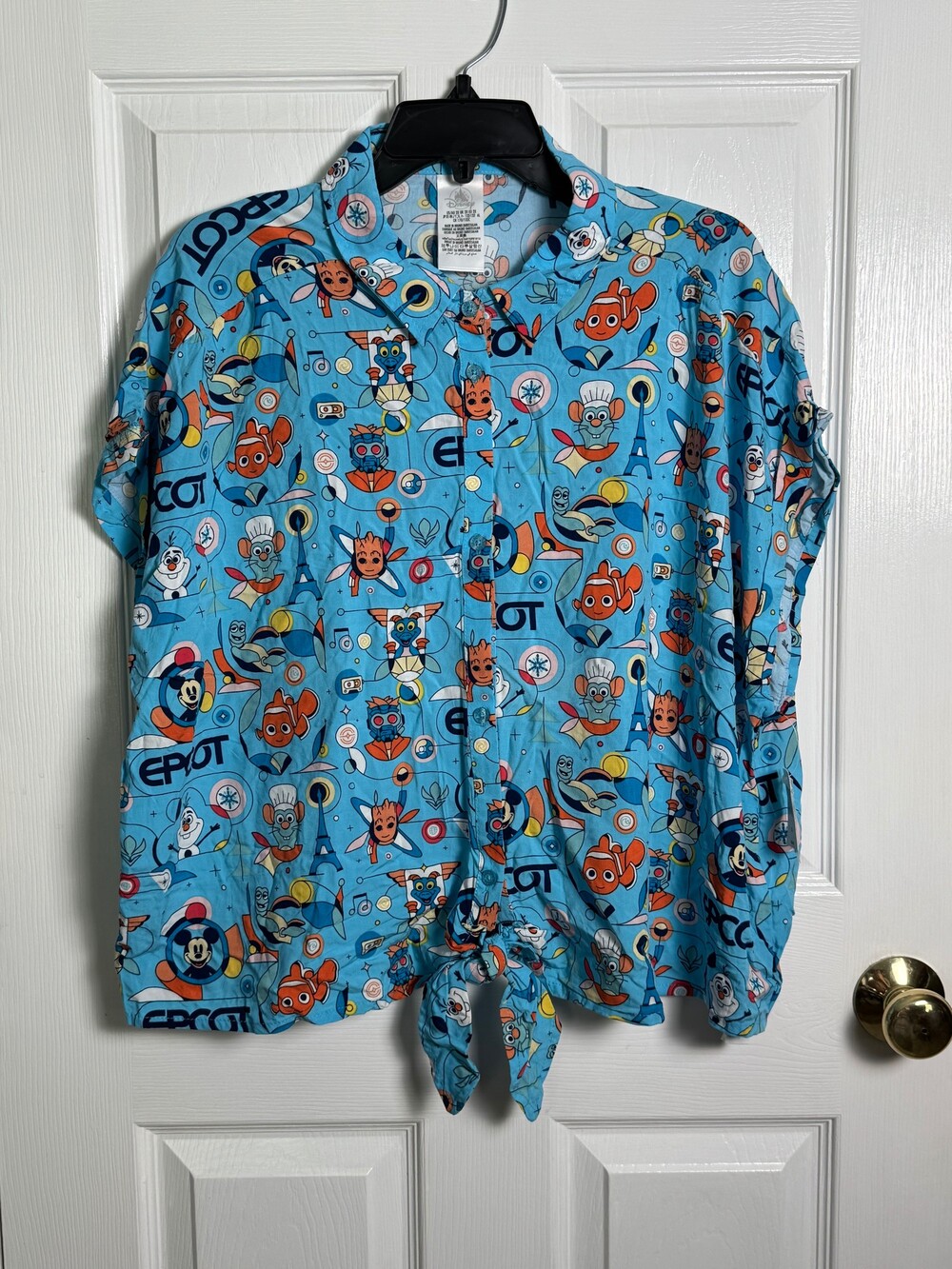 Disney Parks Epcot 2X Button-Up Tie-Front Blouse with Character Print New